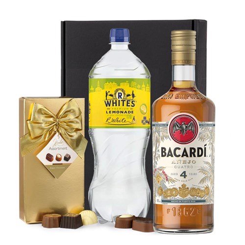 Bacardi Anejo Cuatro 4 Year Old 70cl with R. White’s Lemonade & Chocolates Gift Box | Spirit Mixer Set